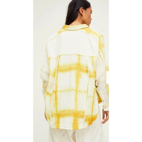 We The Free Womens Washed Away Windowpane Tie Dye Button Up Shirt Yellow Small - Picture 4 of 10